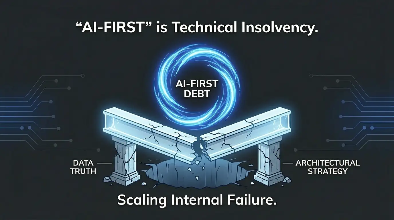 Technical schematic of an AI-first data loop collapsing a structural beam, symbolizing the failure of businesses that prioritize automated output over architectural data truth.