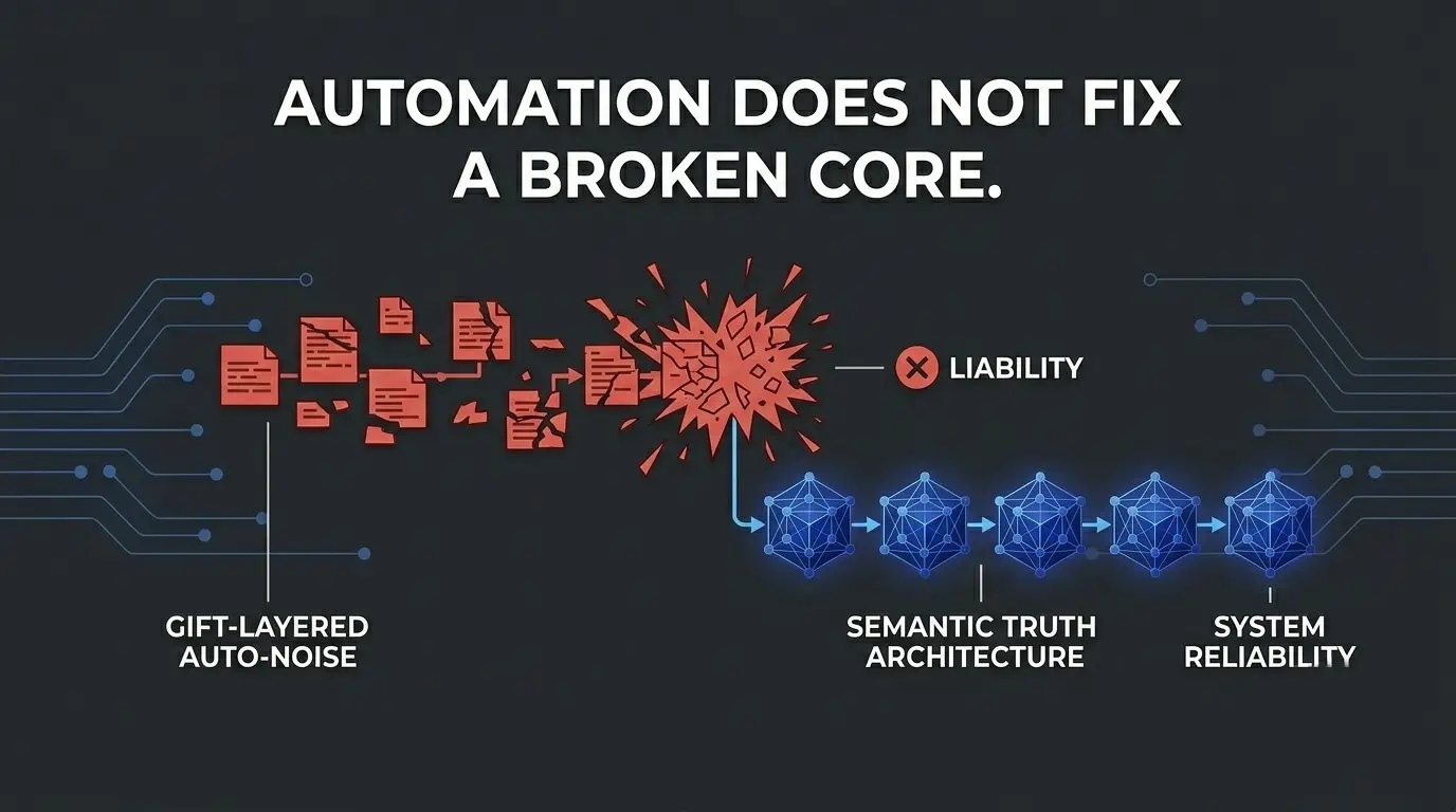 Comparative technical flowchart contrasting chaotic 'Gift-Layered Auto-Noise' workflows that result in systemic liability, against stable 'Semantic Truth Architecture' that ensures system reliability.
