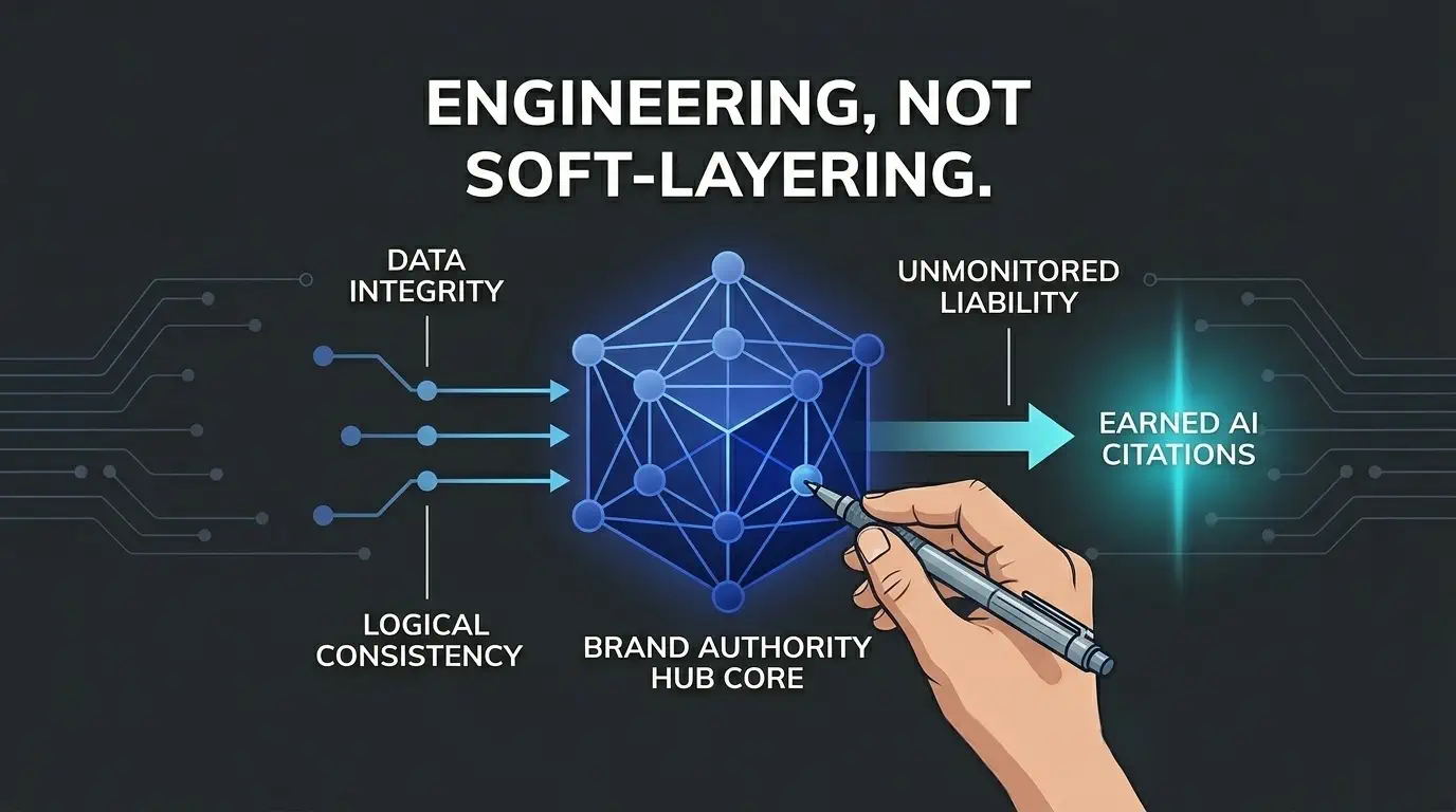 Forensic blueprint schematic showing a hand using an architect's pen to tune a Brand Authority Hub knowledge graph, converting inputs of data integrity into earned AI citations.