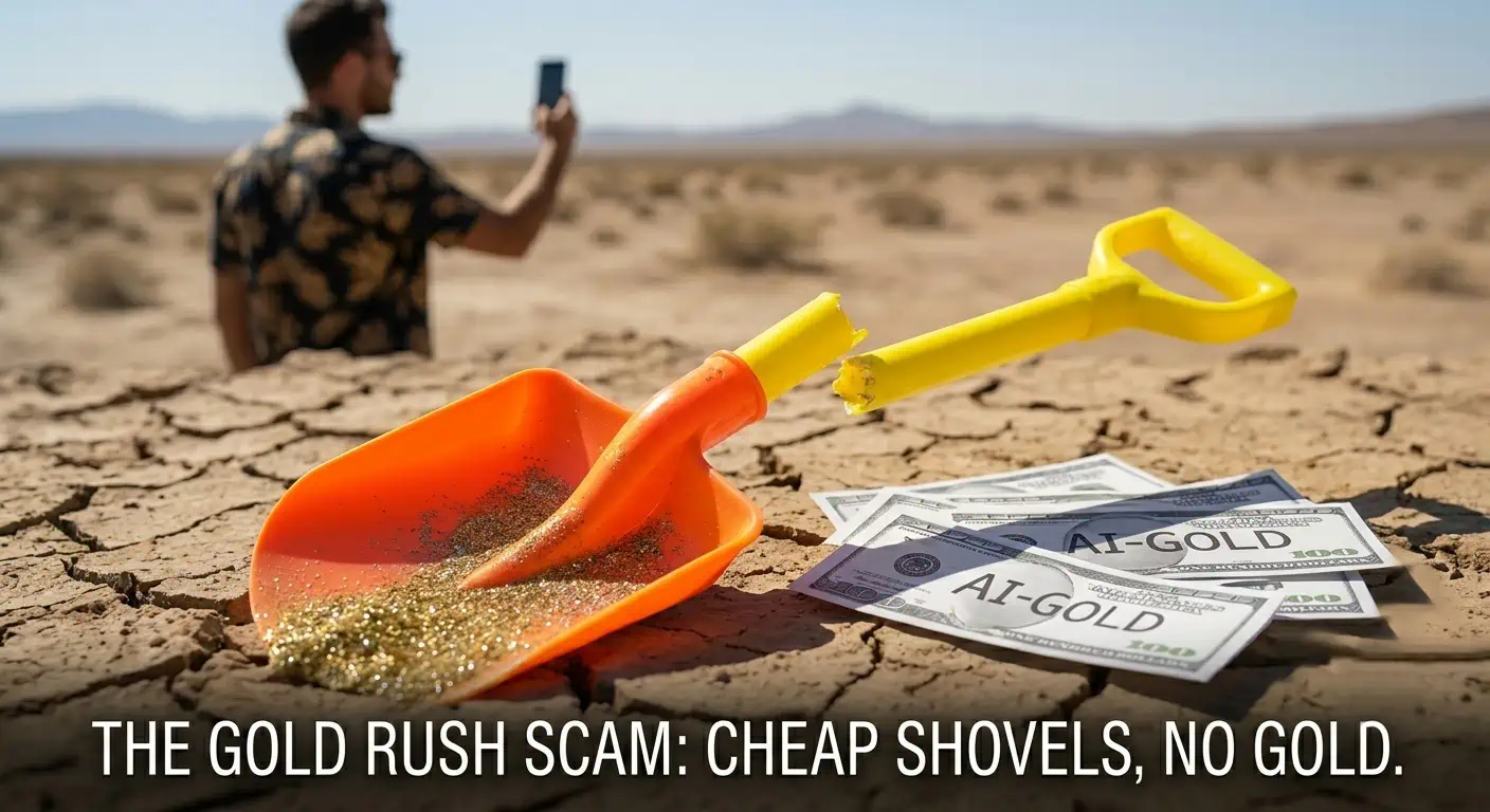 A broken plastic shovel sits on cracked earth next to fake "AI-Gold" currency, while a social media influencer films himself in the background.
