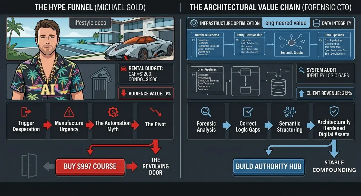 Infographic comparing a fraudulent "hype funnel" featuring a fake influencer to an "architectural value chain" focused on data integrity and infrastructure.