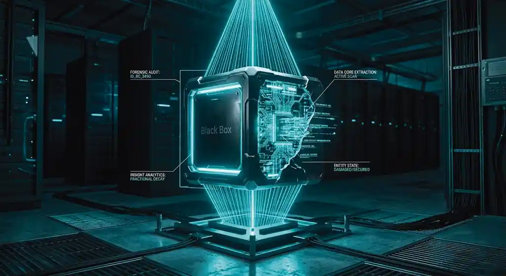 A sci-fi cyber-forensic analysis of a damaged 'Black Box' data core, which is suspended and being scanned by cyan lasers inside a dark data center server room.