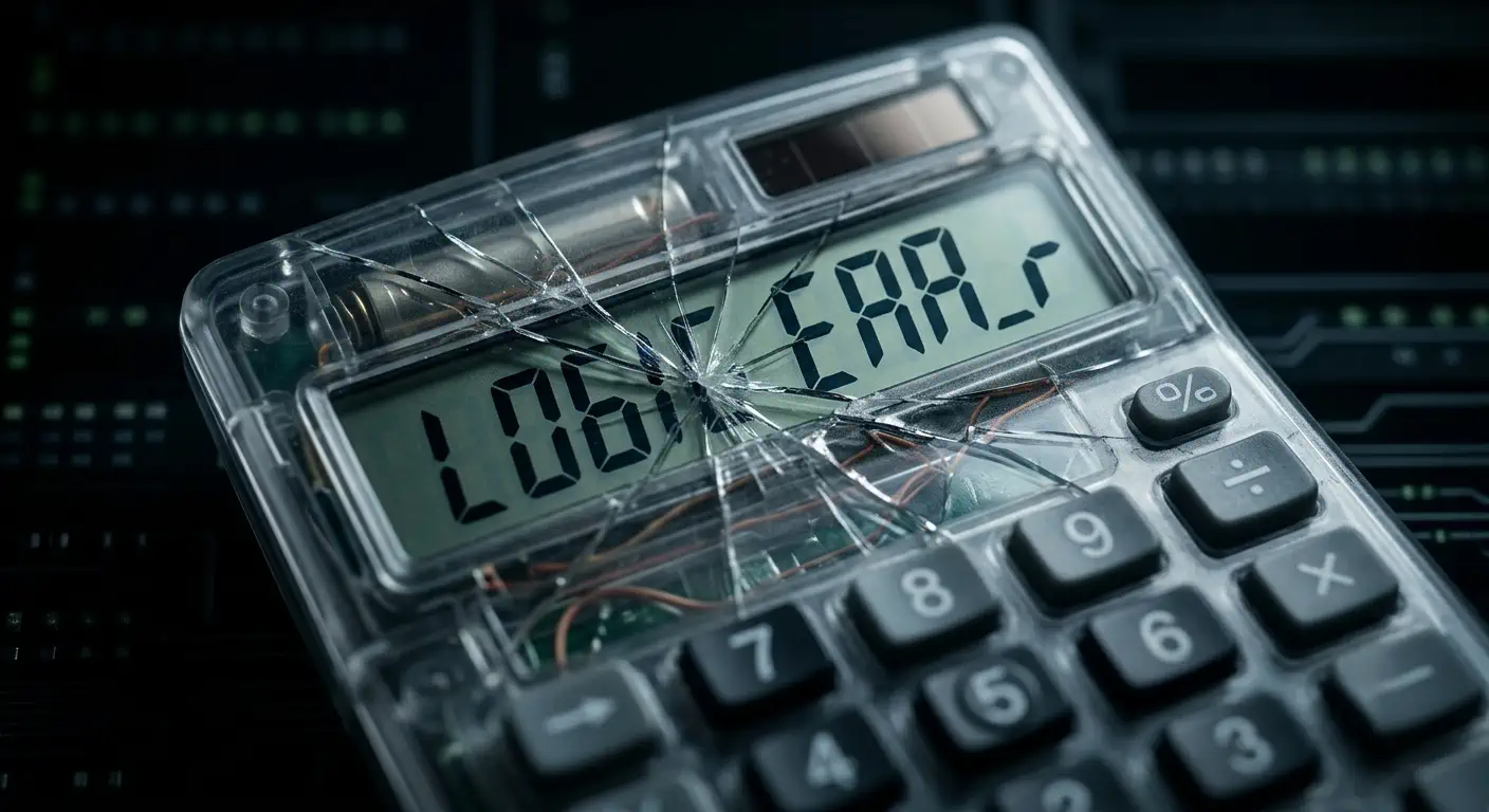 A close-up of a broken digital calculator with a cracked screen displaying the text "LOGIC ERRS" (Logic Errors) in front of a dark server room background.