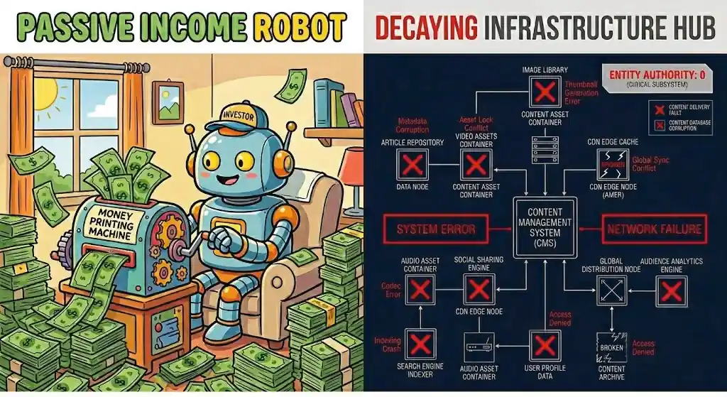 A split-screen graphic contrasting the idealized concept of "Passive Income Robot" (left) with the reality of "Decaying Infrastructure Hub" (right), illustrating how a simple content printing concept can lead to complex system failures.