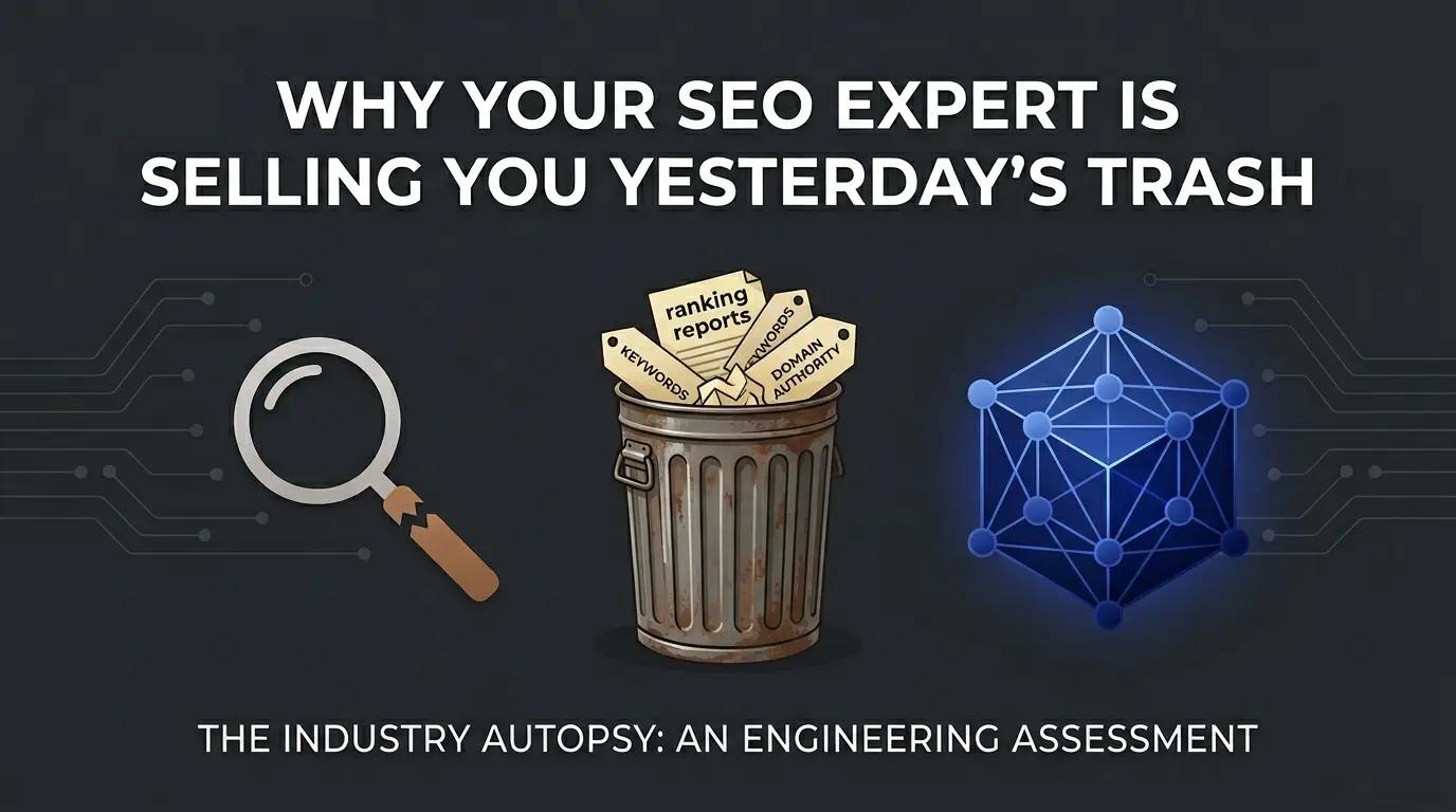 Technical illustration showing a trash can filled with legacy SEO metrics like keyword reports and domain authority scores, contrasted against a glowing, geometric blue Brand Authority Hub knowledge graph.