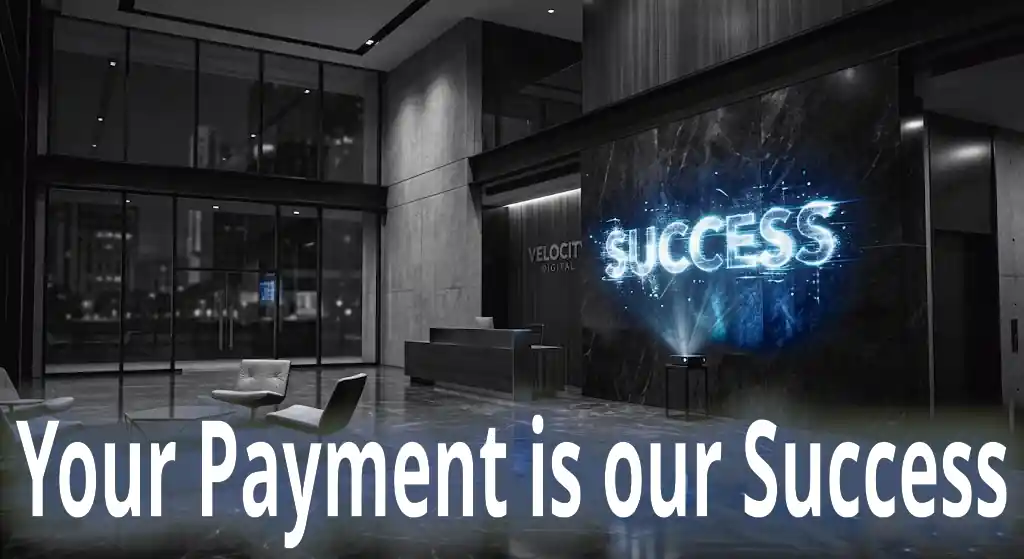 A photograph of an empty, high-end office lobby at night with dark marble finishes, minimalist furniture, and a bright blue holographic sign on the wall displaying the word 'SUCCESS'.